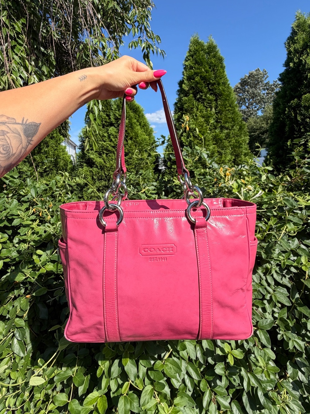 Vintage Y2K Coach Pink Patent Leather East West Gallery Tote Shoulder Bag
